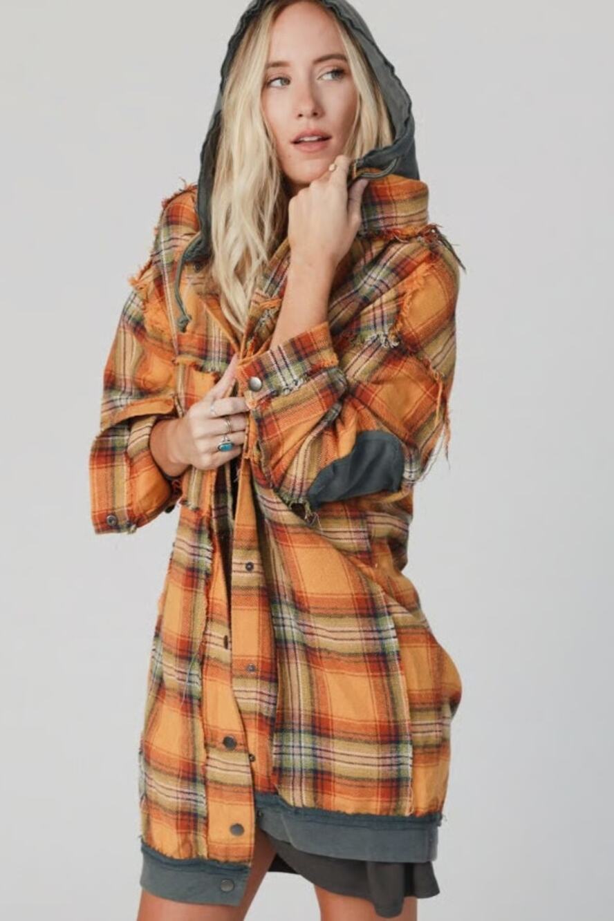 POL Womens Small Cozy Flannel Oversized Jacket Yellow Gray Plaid